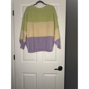 Vine And Love Color Block Crew Neck Knit Sweater Green Beige Purple Large